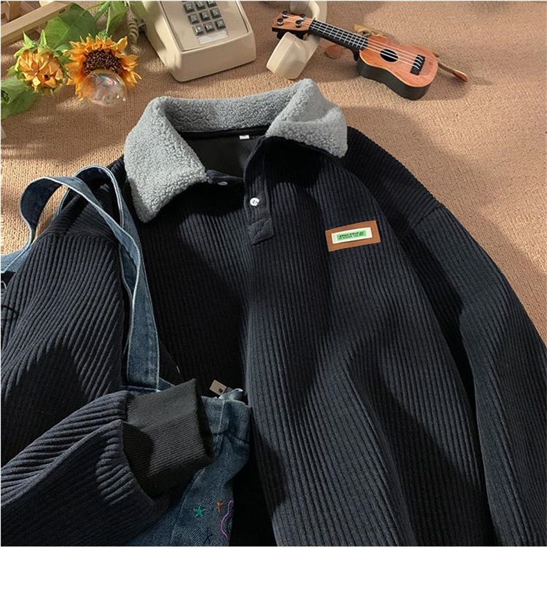 Cord-Sweatshirt mit Polokragen für Jungen, Herren-Herbstjacke und gefütterte, dicke Lammwolljacke, Winterjacke für Paare im Hongkong-Stil_voghion.com