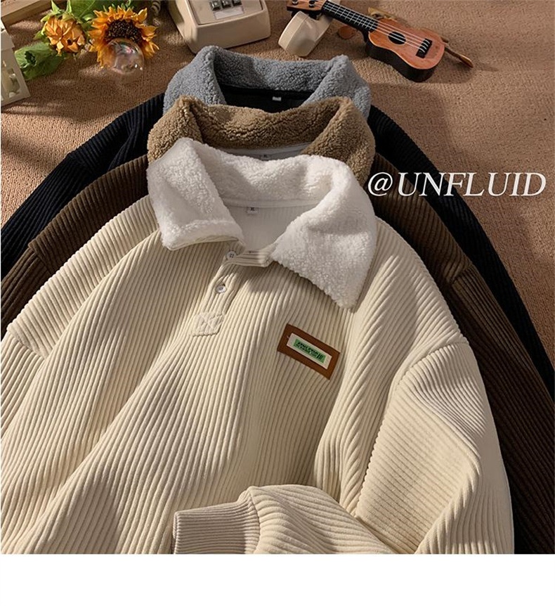 Cord-Sweatshirt mit Polokragen für Jungen, Herren-Herbstjacke und gefütterte, dicke Lammwolljacke, Winterjacke für Paare im Hongkong-Stil_voghion.com