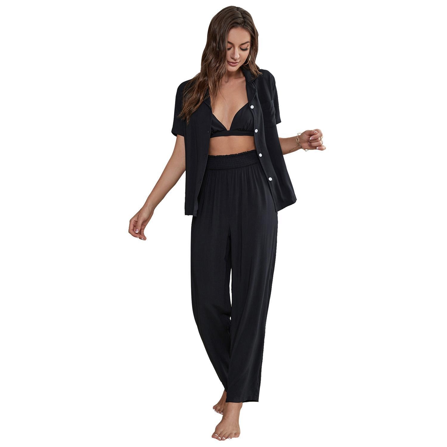 ChicShe Pigiama estivo da donna europeo e americano, sottile, tinta unita, manica corta, pantaloni lunghi, set da tre pezzi_voghion.com