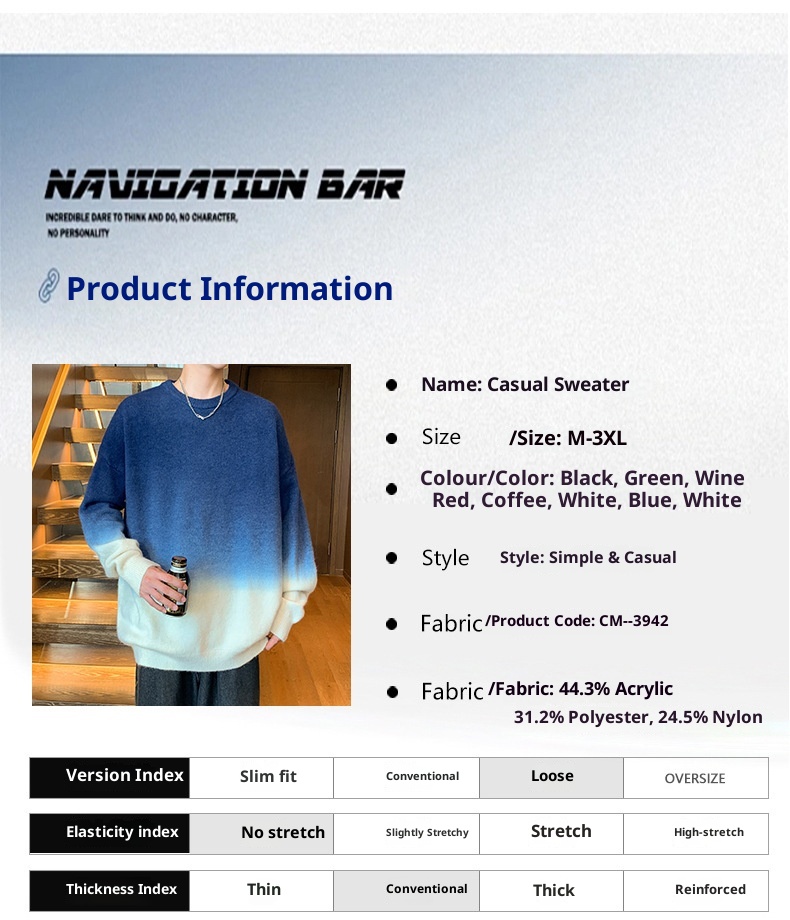 Jungen-Pullover mit Farbverlauf für Herbst/Winter, dick gefüttert, warm, gestrickt, trendiger Wollpullover für junge Leute_voghion.com