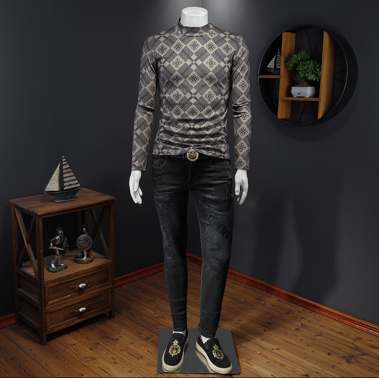 boy Europe Station 2023 Autumn Winter New Men's High Neck Base Shirt Plus Size Printed Casual Korean Style Slim Fit Pullover_voghion.com