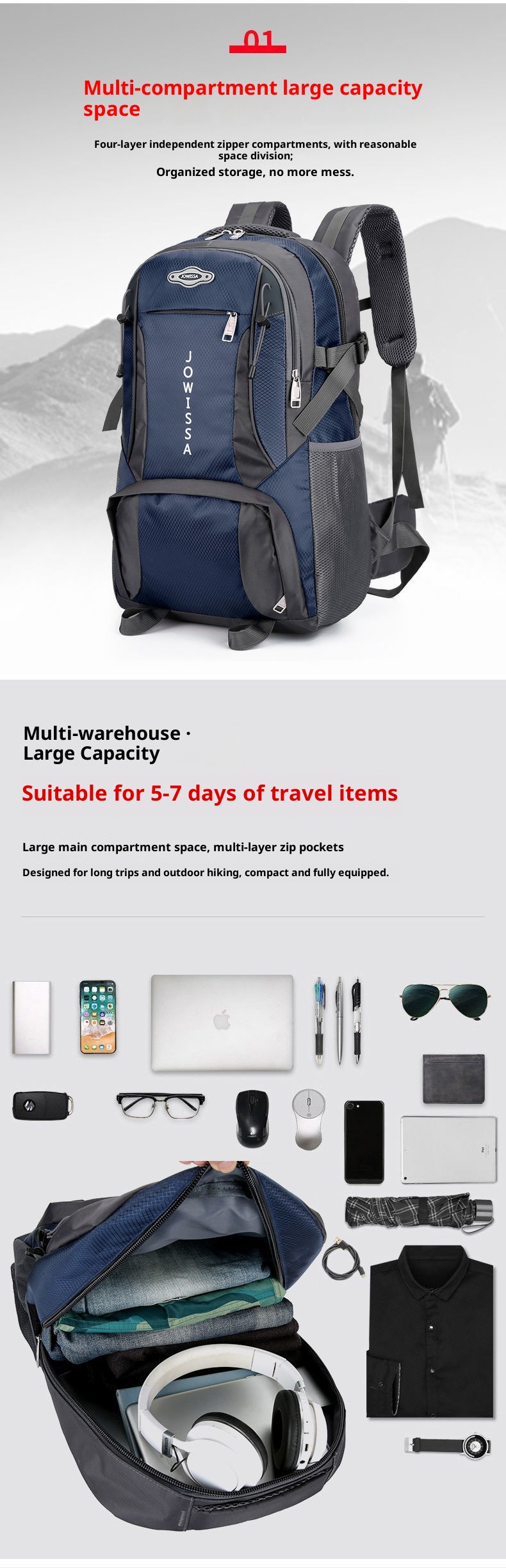 ActiveGo Outdoor Travel Backpack Men's Large Capacity Waterproof Hiking Business Trip Work Luggage Denim Gym Bag_voghion.com