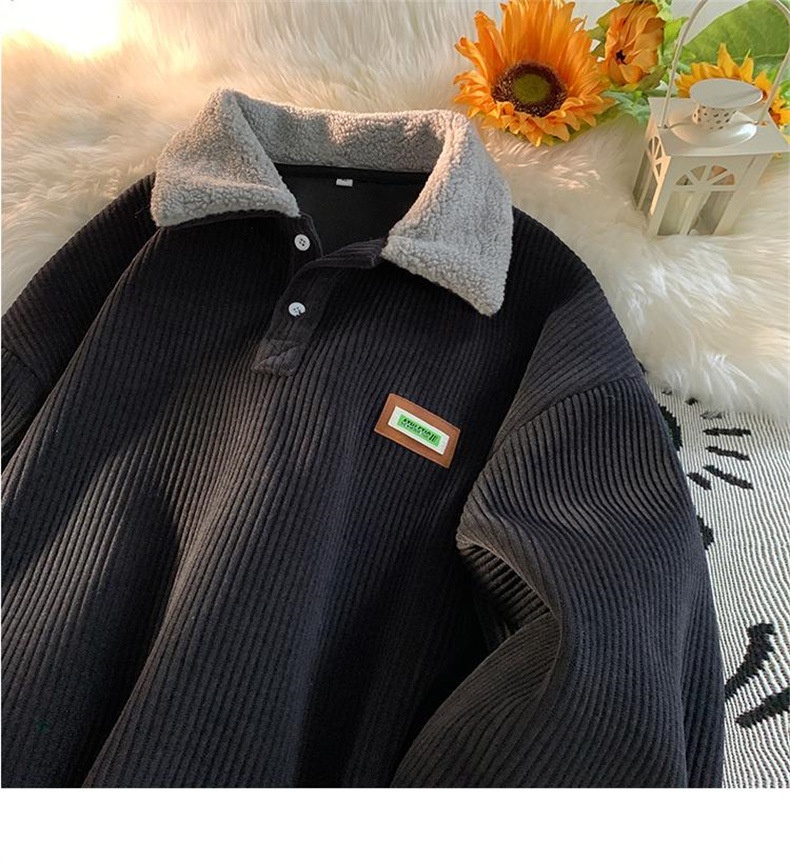 Cord-Sweatshirt mit Polokragen für Jungen, Herren-Herbstjacke und gefütterte, dicke Lammwolljacke, Winterjacke für Paare im Hongkong-Stil_voghion.com