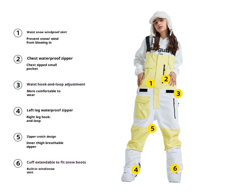 001 2023 Winter New Ski Bib Waterproof Patchwork Color Block Slim Unisex Warm Snow Pants_voghion.com