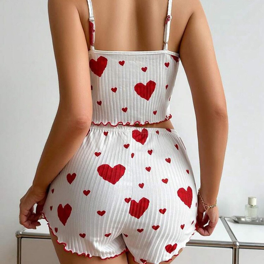 ChicShe European And American Cross-Border Hot-Selling Homewear Heart Print Camisole Shorts Cual Ribbed Wearable Women's_voghion.com