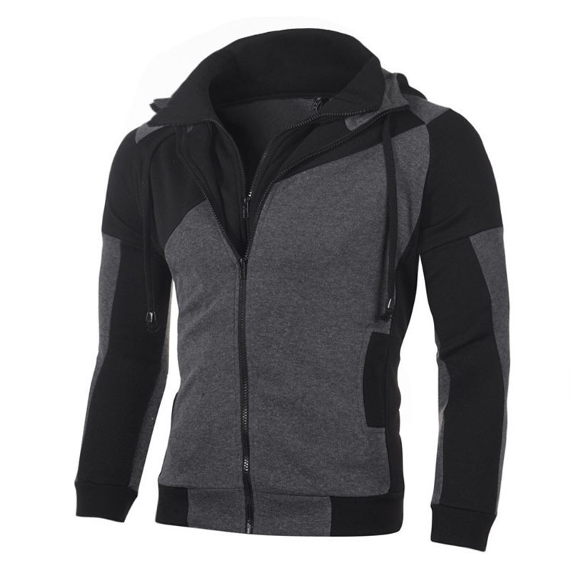 boy New Men's Personalized Color Block Double-layer Zipper Hoodie Autumn Winter Fleece Casual Sports Cardigan_voghion.com