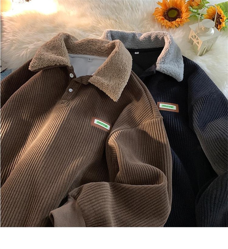 Cord-Sweatshirt mit Polokragen für Jungen, Herren-Herbstjacke und gefütterte, dicke Lammwolljacke, Winterjacke für Paare im Hongkong-Stil_voghion.com