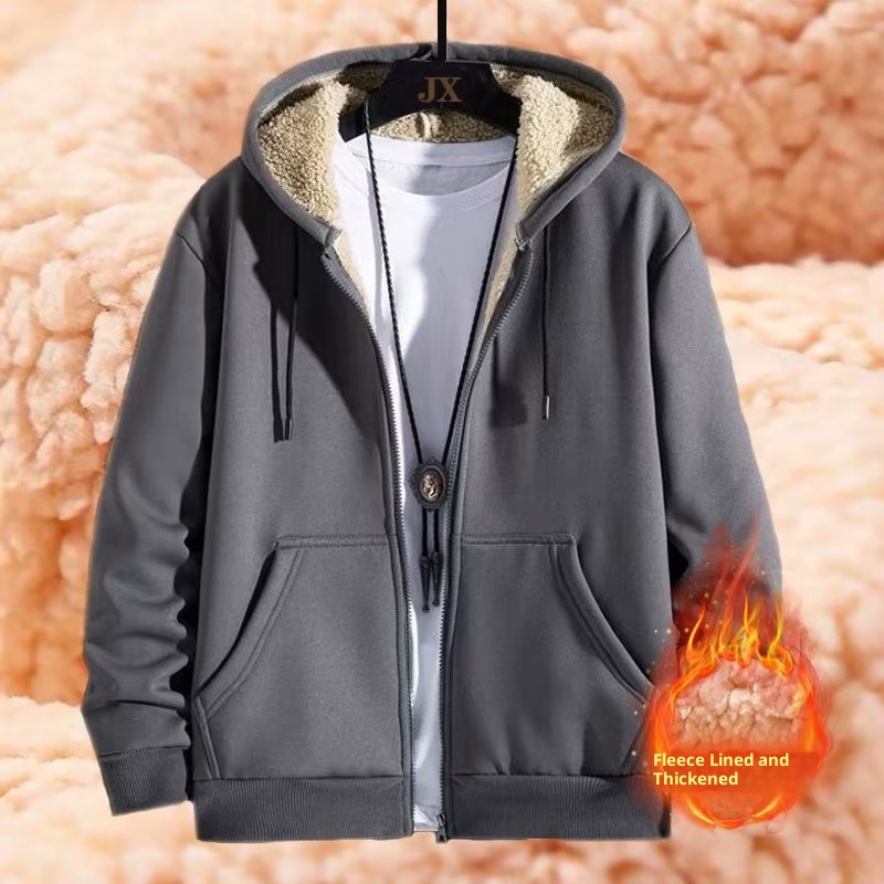 Herren-Herbst-Winter-Lammwollmantel, schweres Fleece-Futter, dickes Herren-Sweatshirt, schwarzes Oberteil, Kapuzenstrickjacke für Jugendliche_voghion.com
