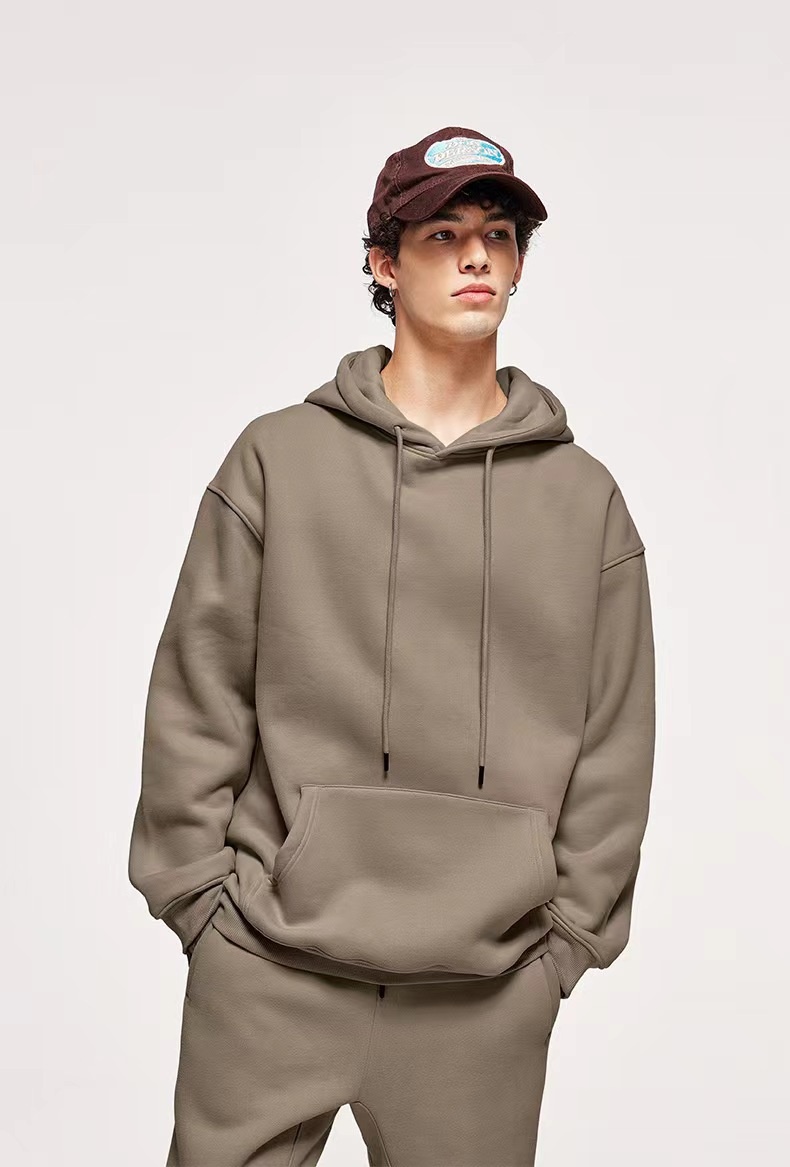 Sweat à capuche homme en coton épais, style américain, couleur unie, 360 g, tendance, pour couple, automne._voghion.com