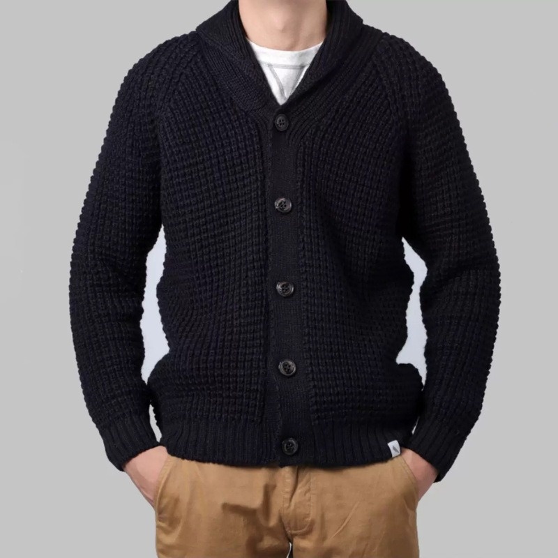 boy OKONKWO Extra Thick Raglan Sleeve Waffle Pattern Wool Cardigan Coat Turn-Down Collar Sweater_voghion.com