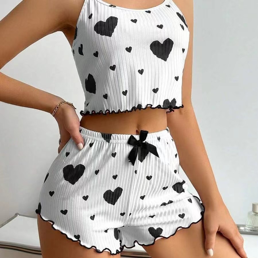 ChicShe 2024 New Home European And American Style Sweet Heart Print Knitted Ribbed Strap Shorts Loungewear Casual Comfortable_voghion.com