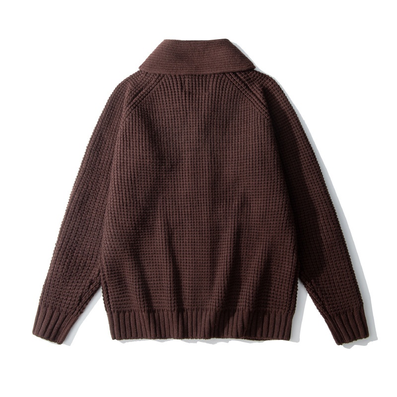 boy OKONKWO Extra Thick Raglan Sleeve Waffle Pattern Wool Cardigan Coat Turn-Down Collar Sweater_voghion.com