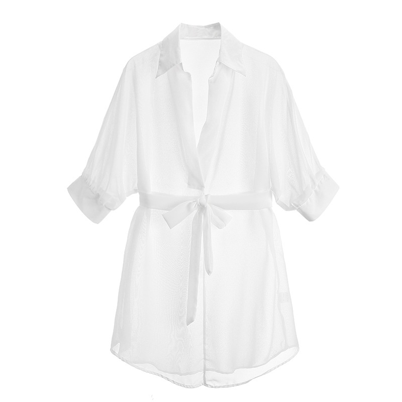 ChicShe Guiruo Brand European And American Spring Summer Sexy Deep V Chiffon See-through Temptation Nightdress Lace-up Shirt_voghion.com