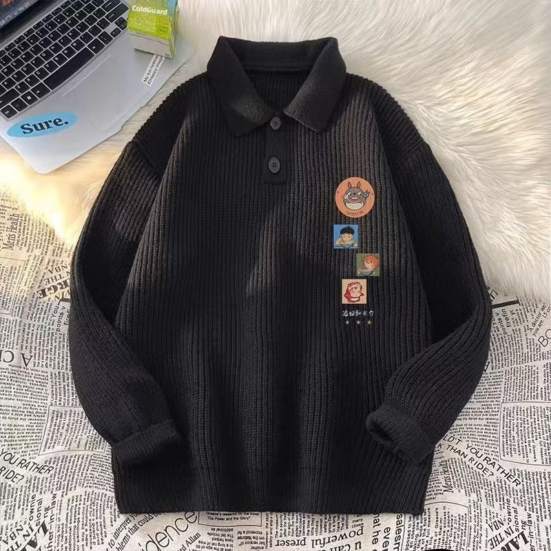 Schwarzer Polo-Pullover mit Cartoon-Motiv für Jungen, Herren, Herbst/Winter, dick gefüttert, lässig, Strickware_voghion.com