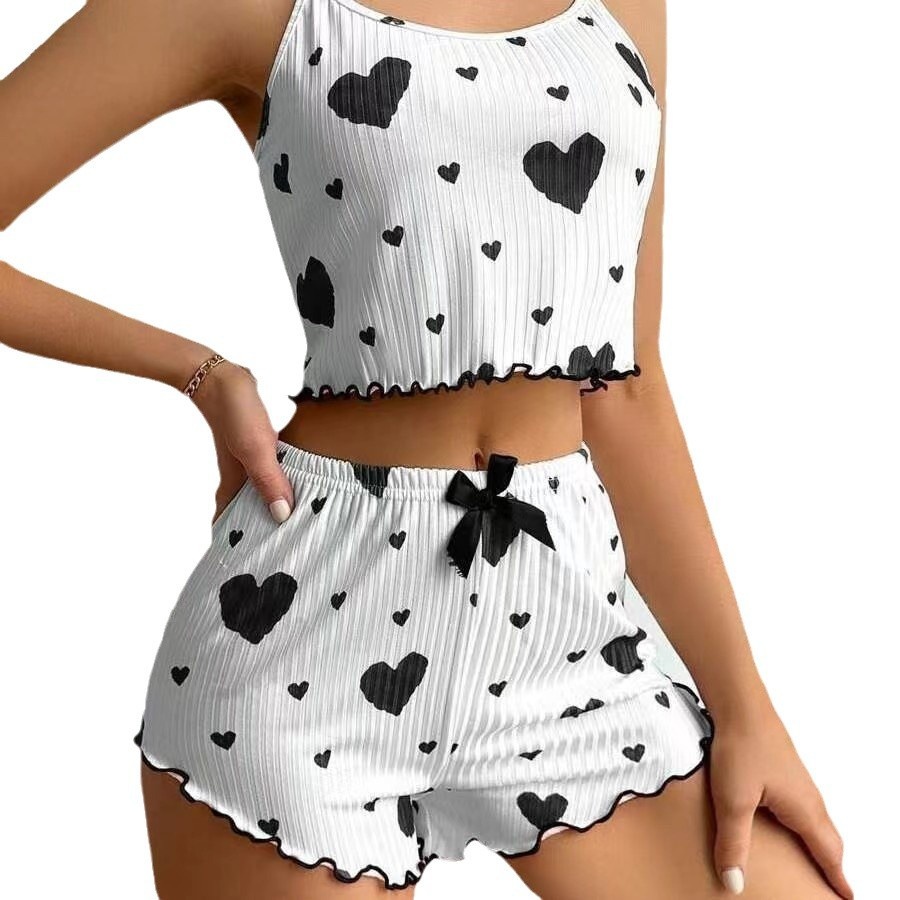 ChicShe 2024 New Home European And American Style Sweet Heart Print Knitted Ribbed Strap Shorts Loungewear Casual Comfortable_voghion.com