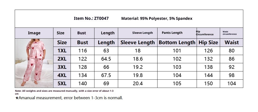 ChicShe Pyjama-Set in Übergröße für Damen: Lange Hose, Kurzarm-T-Shirt mit Herzmuster, 2-teilig, bordeauxrot_voghion.com