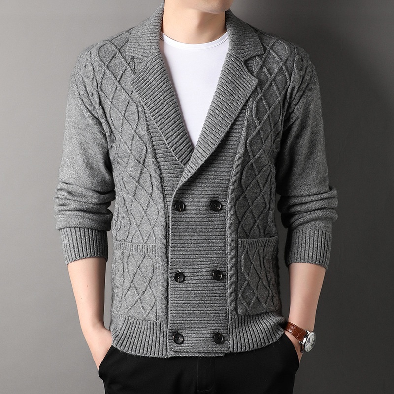 boy New Jacket Autumn Twisted Pattern Men's Cardigan British Style Suit Collar Double-Breasted Knitted Sweater Wholesale_voghion.com
