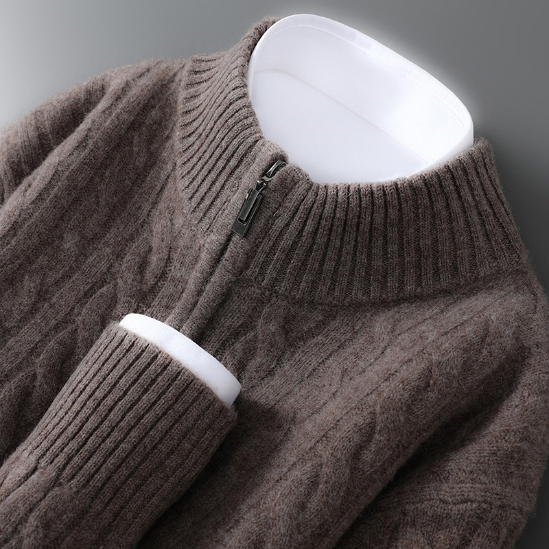 boy Autumn Winter New 100% Pure Wool Men's Half Turtleneck Zipper Thickened Cable Knit Casual Loose Cashmere Sweater_voghion.com