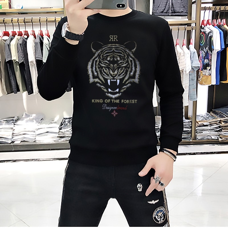 boy European Station New Men's Sweatshirt With Rhinestones, Domineering Tiger Head, Unique Trendy Brand, Long Sleeve Shirt,_voghion.com