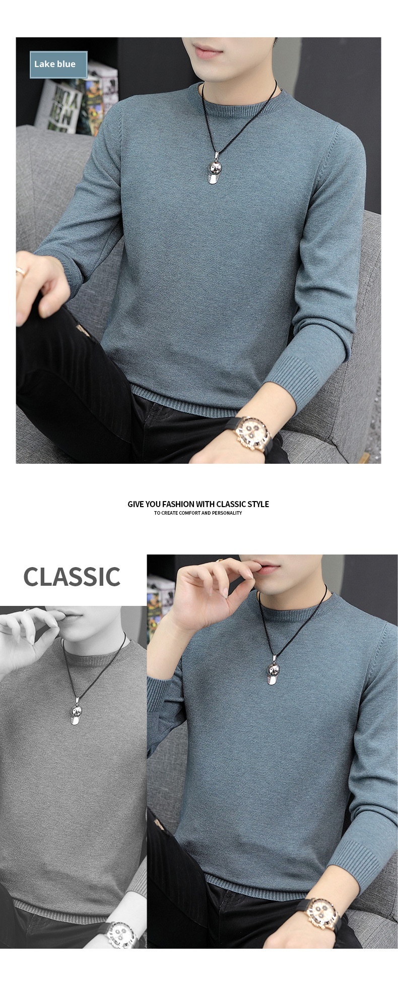 boy 2025 Autumn Winter New Half Turtleneck Sweater Men's Inner Layer Slim Fit Lake Blue Base Knitted Pullover Top_voghion.com