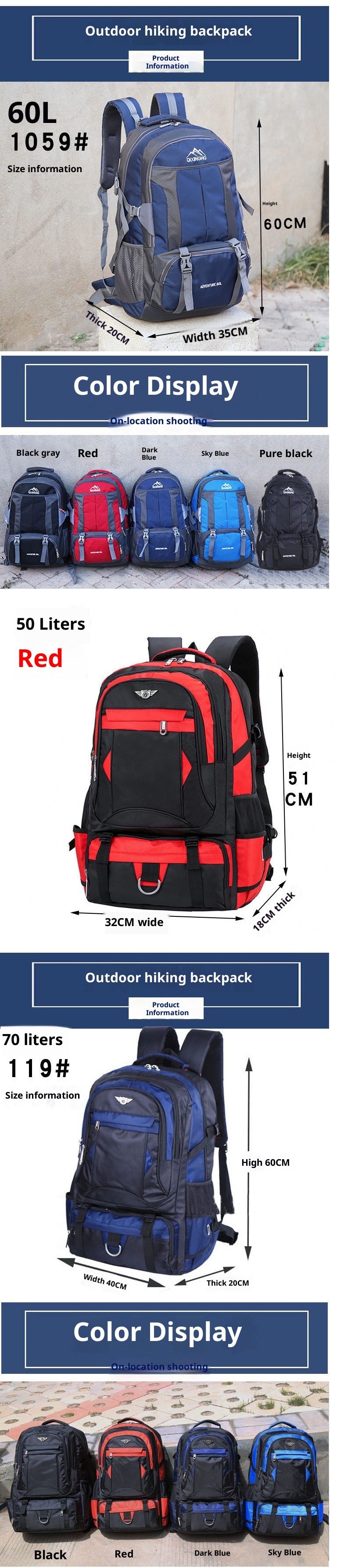 Sac à dos de sport ActiveGo 60L/70L grande capacité pour hommes et femmes, idéal pour les voyages, les études et les courts séjours. Convient également aux femmes._voghion.com