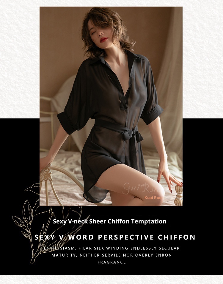 ChicShe Guiruo Brand European And American Spring Summer Sexy Deep V Chiffon See-through Temptation Nightdress Lace-up Shirt_voghion.com