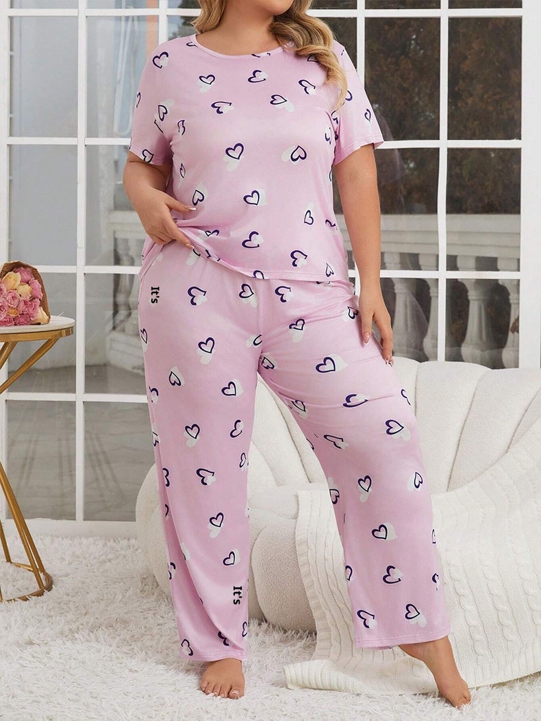 ChicShe Cross-Border Autumn Winter Plus Size Women's Pajamas Heart Print Round Neck Short Sleeve Long Pants European American_voghion.com