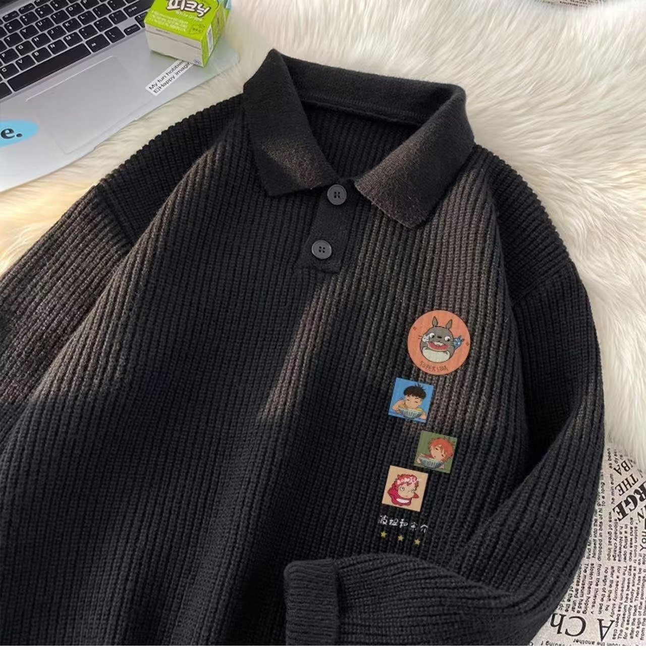 Schwarzer Polo-Pullover mit Cartoon-Motiv für Jungen, Herren, Herbst/Winter, dick gefüttert, lässig, Strickware_voghion.com
