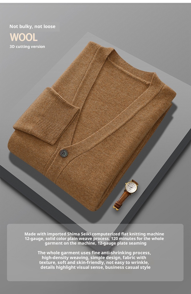 Cardigan da uomo in pura lana lavorato a maglia, autunno inverno, con scollo a V, ampio, spesso, casual, a maniche lunghe, monopetto_voghion.com