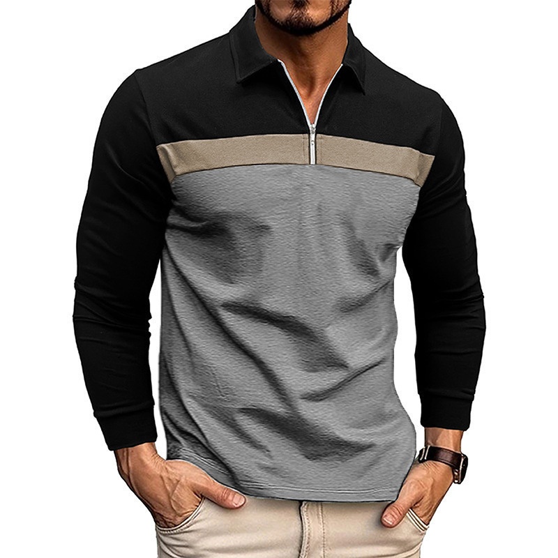 boy Cross-Border European And American Size Men 2025 Autumn Winter New Style Turn-Down Collar Color Block Polo Shirt Export_voghion.com