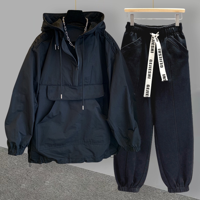 001 Brand Hooded Jacket Set For Men, Lightweight Korean Style, Trendy Workwear, Patchwork Design, Windbreaker, Softshell_voghion.com