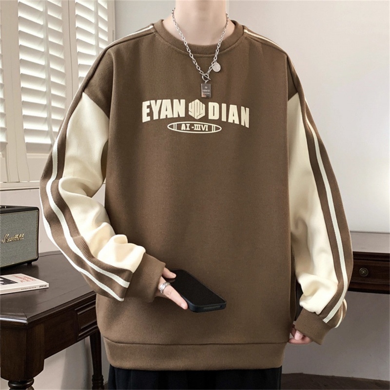 boy New Casual Sweatshirt For Men, Autumn And Winter Trendy Fashion Versatile Color Block Plus Size Round Neck Long Sleeve_voghion.com