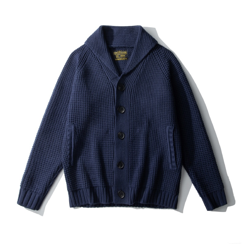 boy OKONKWO Extra Thick Raglan Sleeve Waffle Pattern Wool Cardigan Coat Turn-Down Collar Sweater_voghion.com