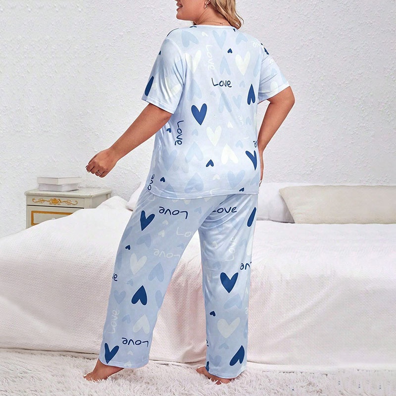 ChicShe Pyjama-Set in Übergröße für Damen: Lange Hose, Kurzarm-T-Shirt mit Herzmuster, 2-teilig, bordeauxrot_voghion.com