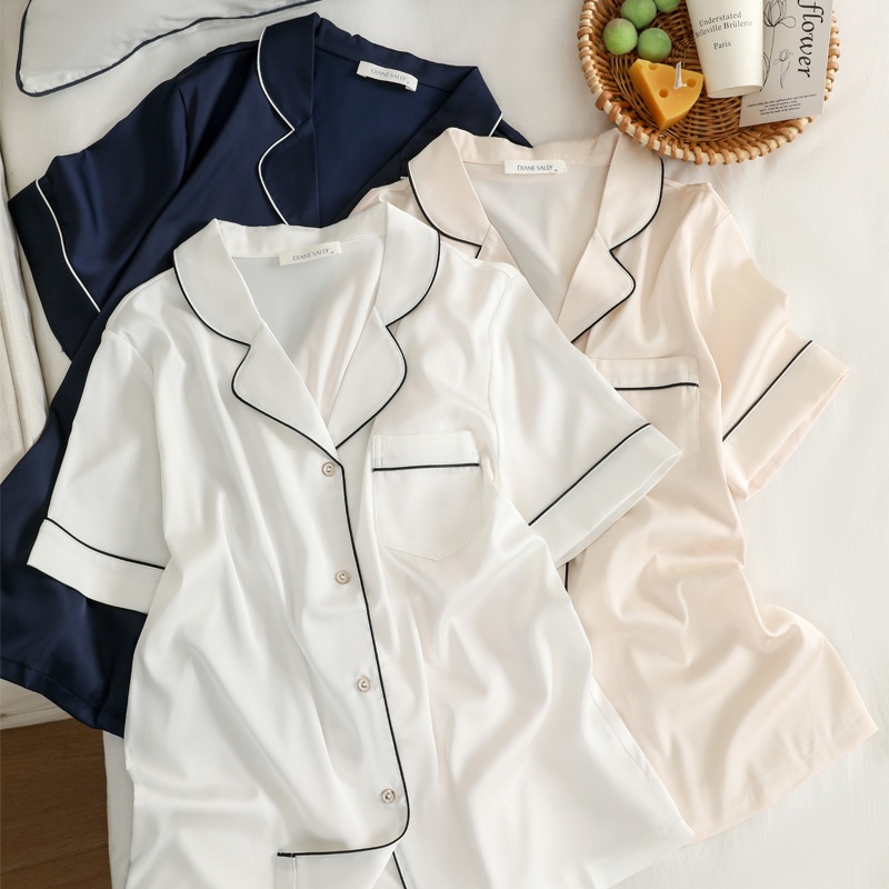 ChicShe Pigiama da donna in seta ghiacciata, semplice, a tinta unita, stile europeo e americano, a maniche corte e pantaloni lunghi_voghion.com