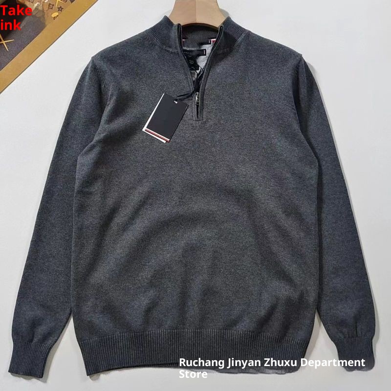 boy Stand Collar Fashion Men's Half Turtleneck Sweater Autumn Winter Trendy Casual Zipper Warm Knitted Jacket_voghion.com