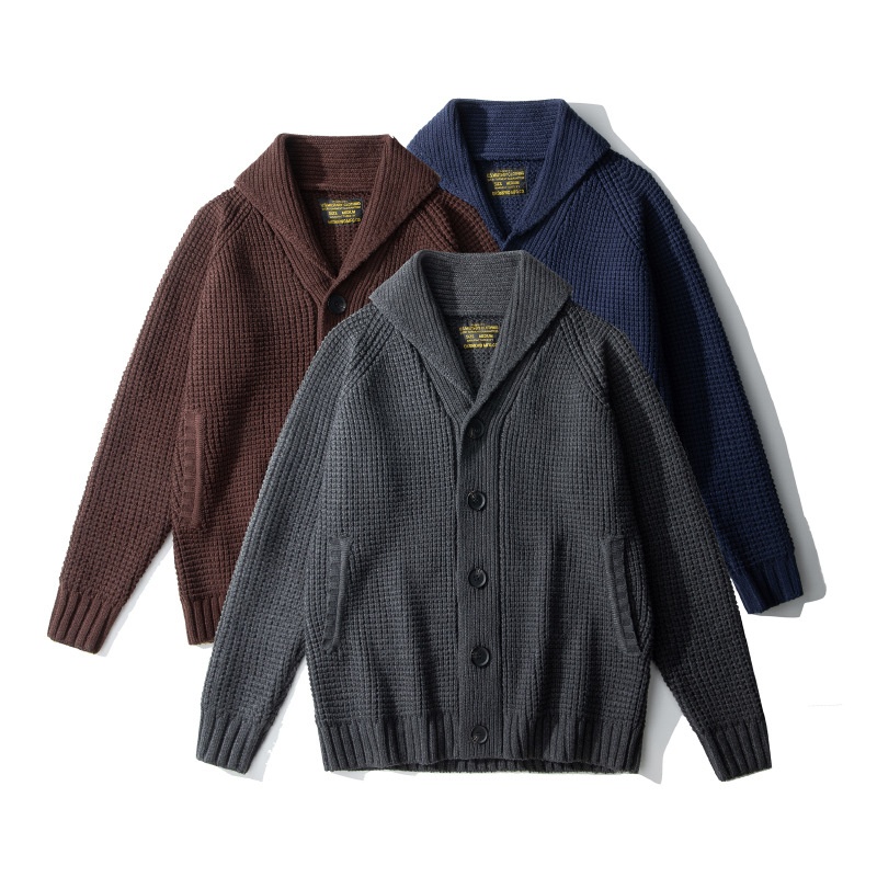boy OKONKWO Extra Thick Raglan Sleeve Waffle Pattern Wool Cardigan Coat Turn-Down Collar Sweater_voghion.com