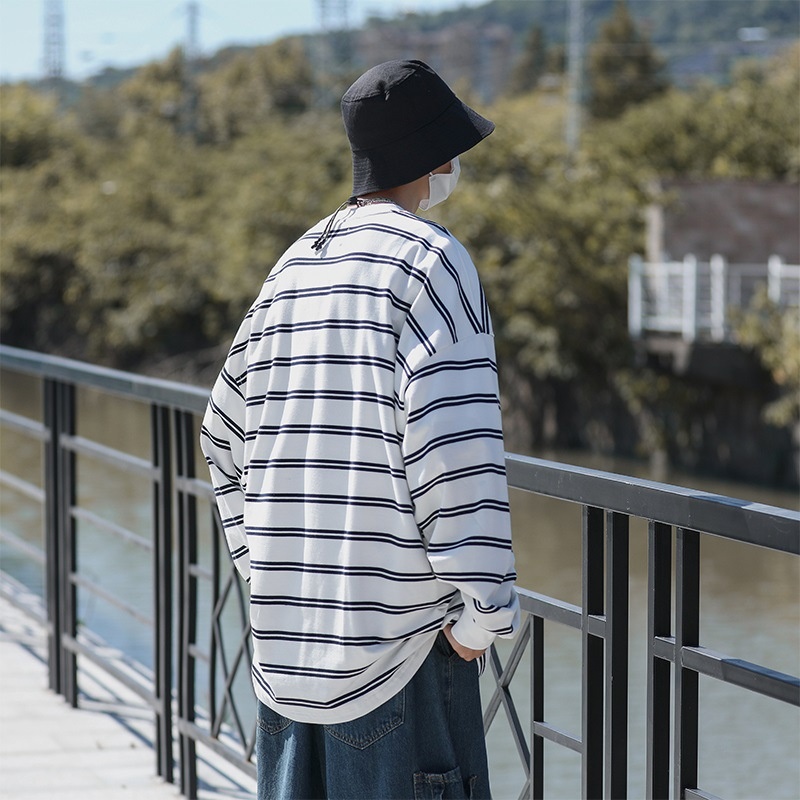 boy Hong Kong Japanese Striped Long Sleeve T-Shirt Trendy Brand Cool Style Men's Spring Autumn Base Shirt Ins Trend High_voghion.com