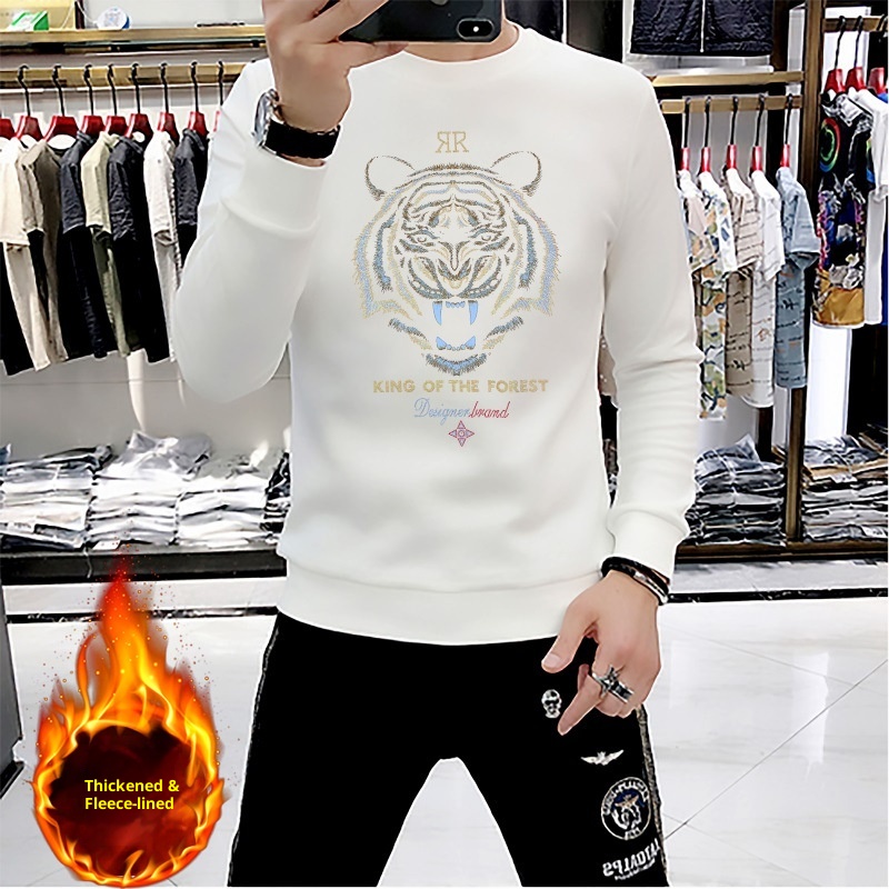 boy European Station New Men's Sweatshirt With Rhinestones, Domineering Tiger Head, Unique Trendy Brand, Long Sleeve Shirt,_voghion.com