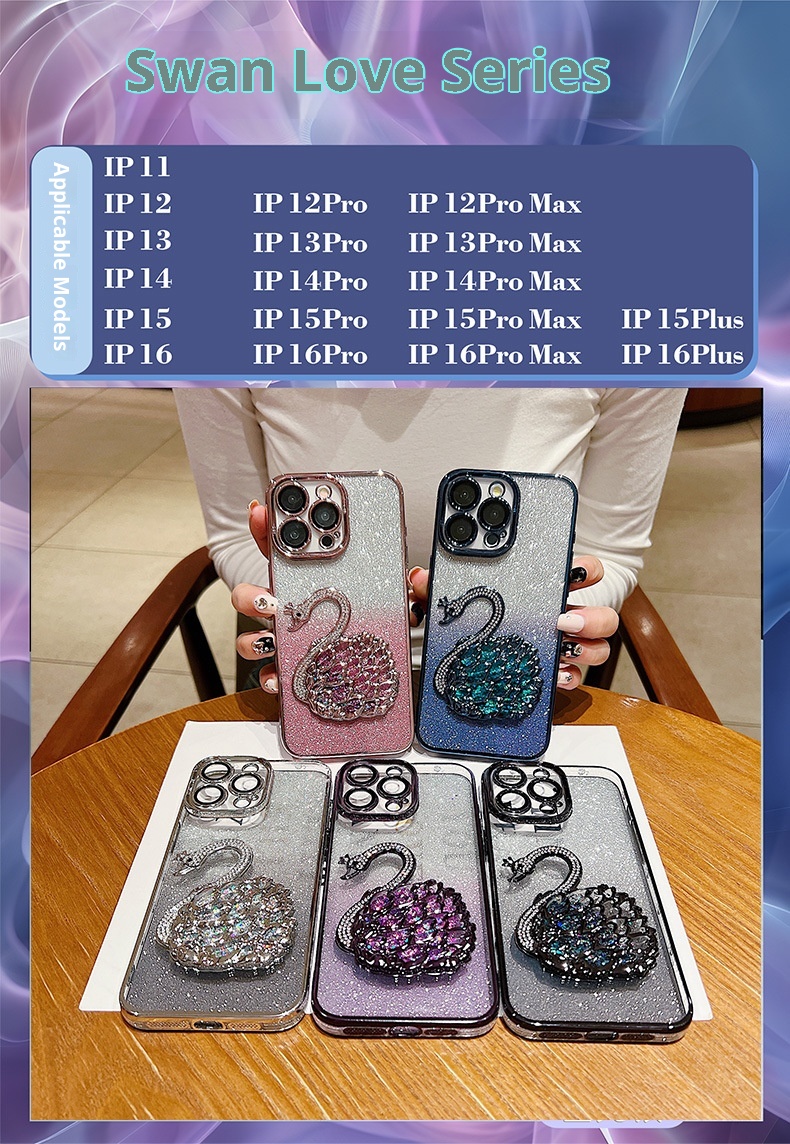 Étui de téléphone TechGlobe série 16, protection d'objectif Niche pour iPhone 15 Pro Max, motif cygne pailleté, 13, anti-traces de doigts_voghion.com