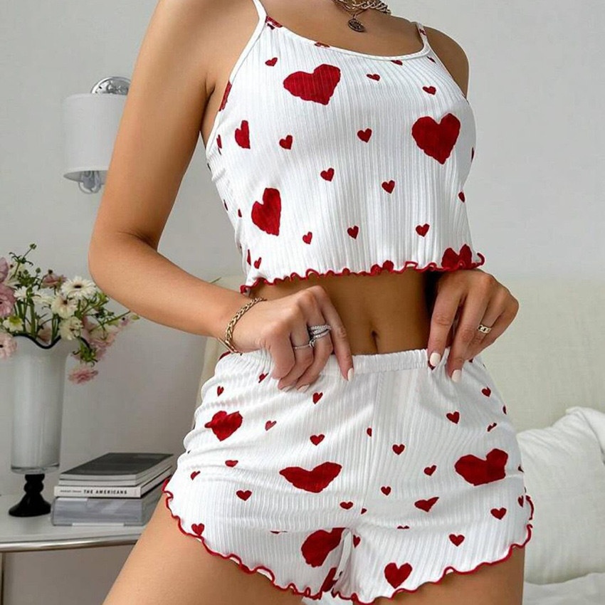 ChicShe European And American Cross-Border Hot-Selling Homewear Heart Print Camisole Shorts Cual Ribbed Wearable Women's_voghion.com