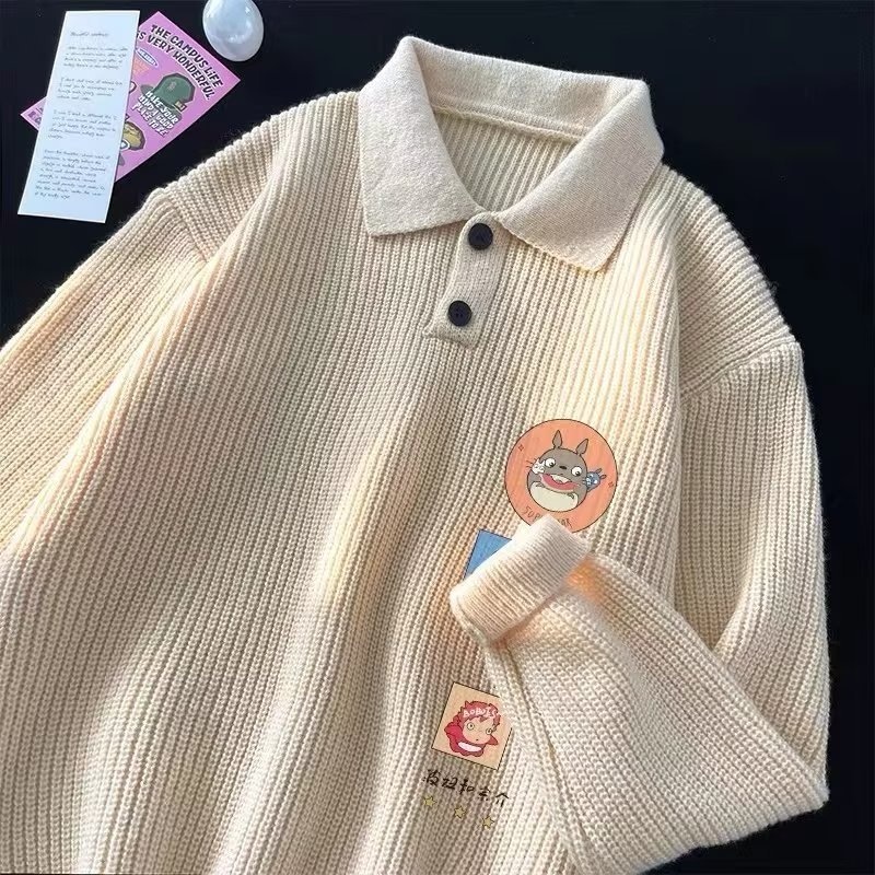 Schwarzer Polo-Pullover mit Cartoon-Motiv für Jungen, Herren, Herbst/Winter, dick gefüttert, lässig, Strickware_voghion.com