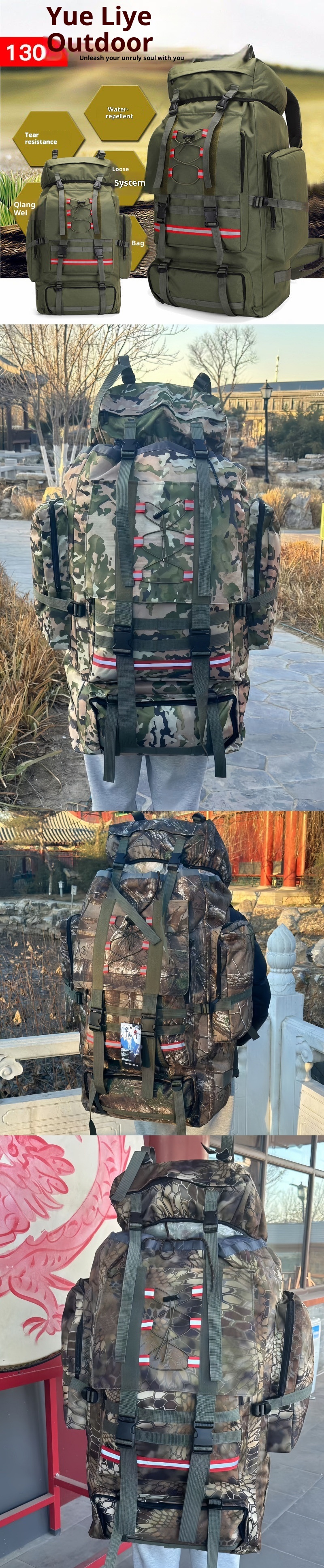 Zaino da viaggio antipioggia ActiveGo da 130 litri, extra large, con doppia spalla, per uomo, trapuntato, per sport all'aria aperta, escursionismo_voghion.com