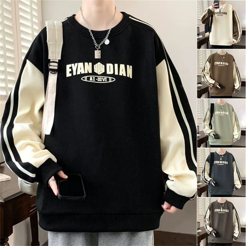 boy New Casual Sweatshirt For Men, Autumn And Winter Trendy Fashion Versatile Color Block Plus Size Round Neck Long Sleeve_voghion.com
