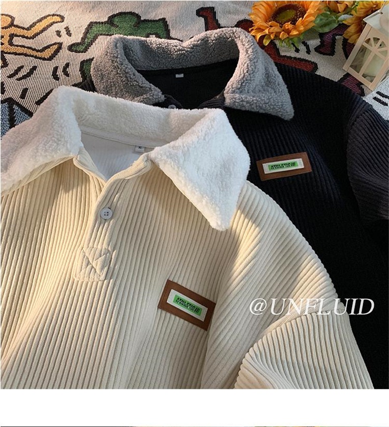 Cord-Sweatshirt mit Polokragen für Jungen, Herren-Herbstjacke und gefütterte, dicke Lammwolljacke, Winterjacke für Paare im Hongkong-Stil_voghion.com