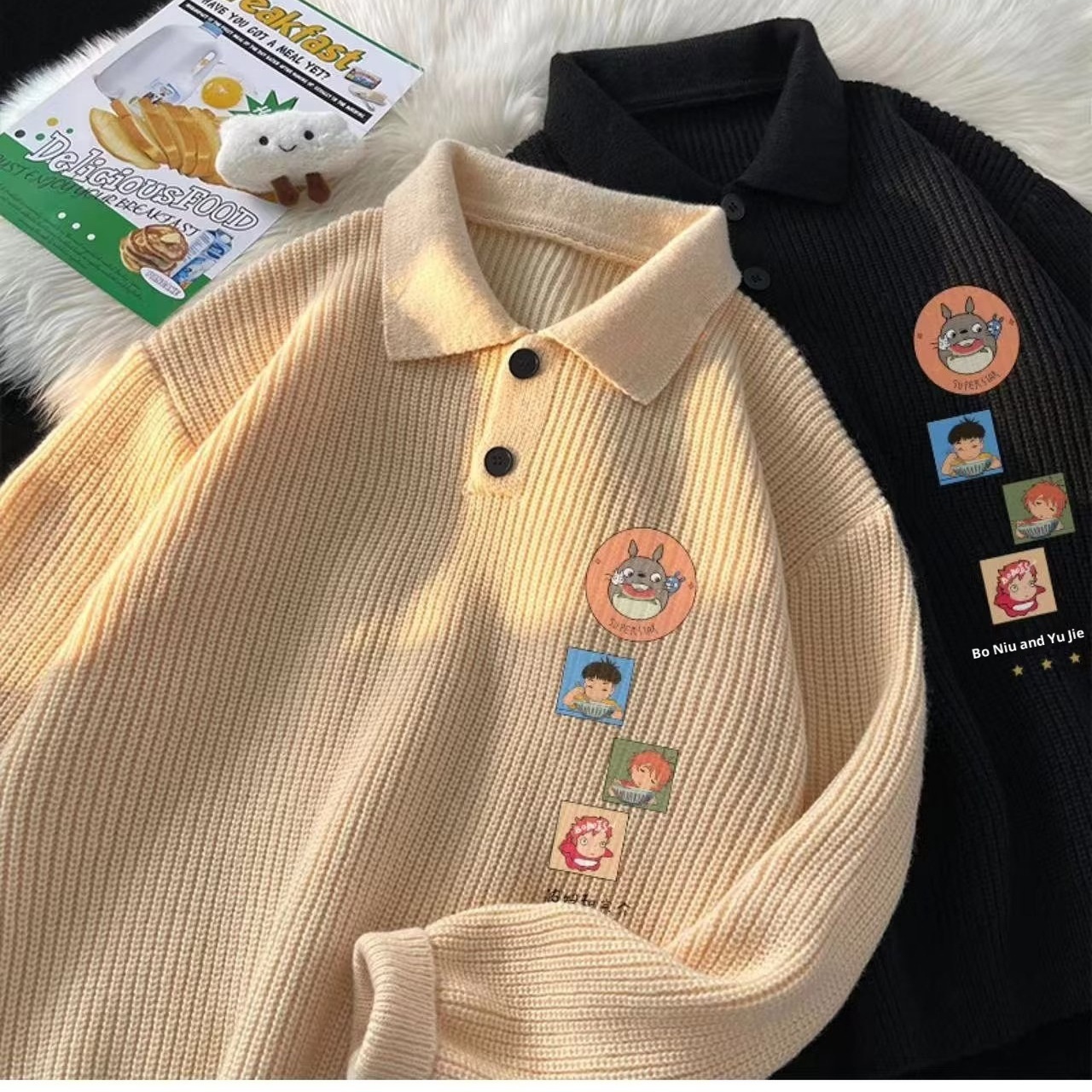 Schwarzer Polo-Pullover mit Cartoon-Motiv für Jungen, Herren, Herbst/Winter, dick gefüttert, lässig, Strickware_voghion.com