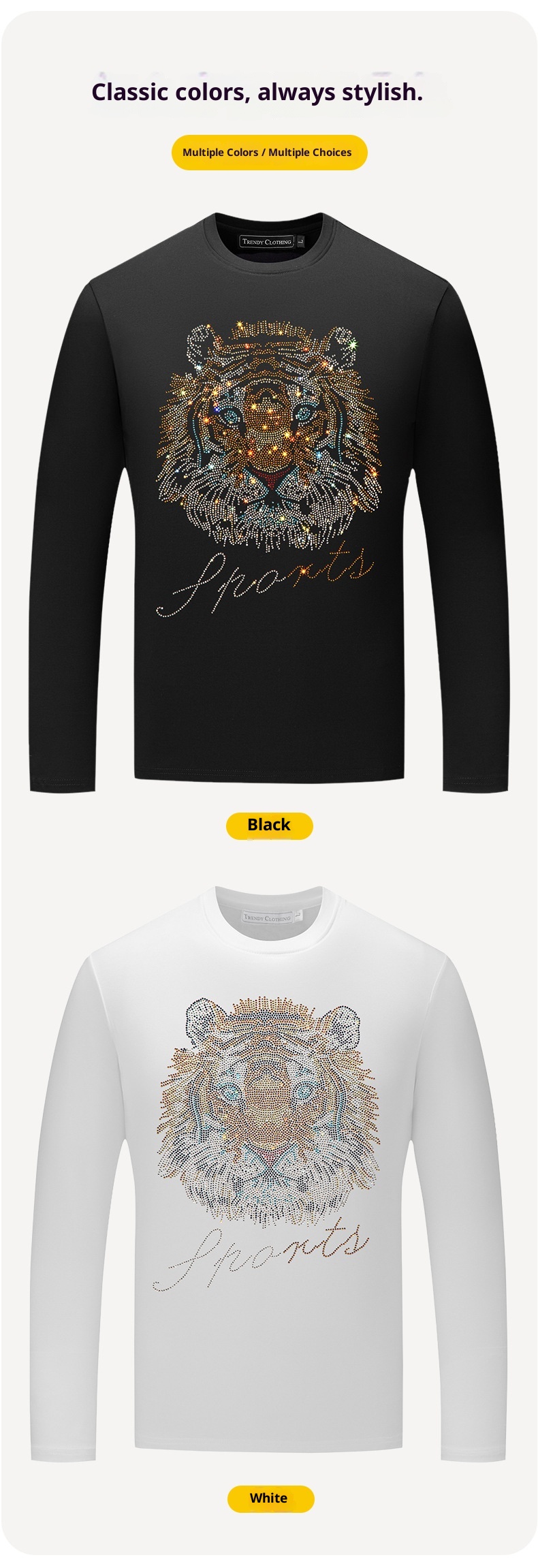 boy European Station Rhinestone Tiger Head Long Sleeve For Men Black Modal Plus Size T-Shirt Men's Base Shirt Autumn Wear_voghion.com