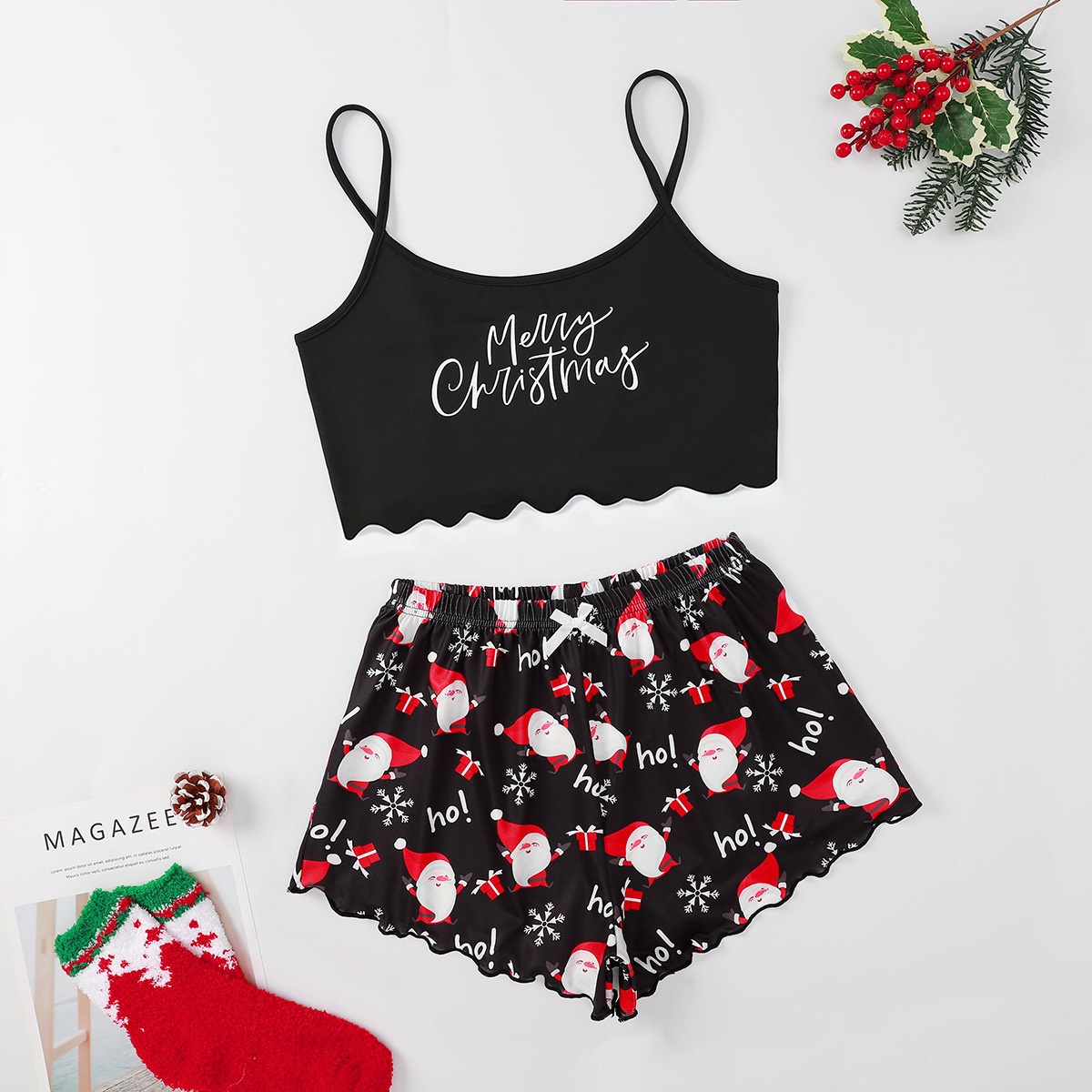 ChicShe Weihnachtlicher Pyjama im europäischen und amerikanischen Stil, neues dünnes Set für Damen, ärmellose Shorts aus Milchseide, schlicht und lässig, zweiteilig_voghion.com