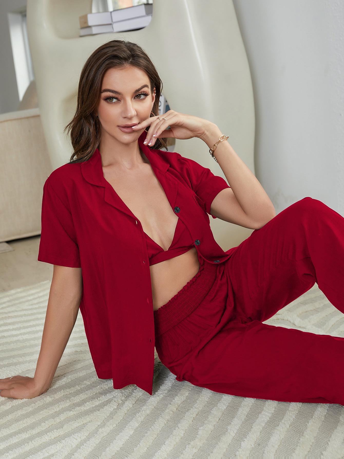 ChicShe European And American Cross-Border Women's Summer Thin Solid Color Pajamas Short Sleeve Long Pants Three-Piece Set_voghion.com