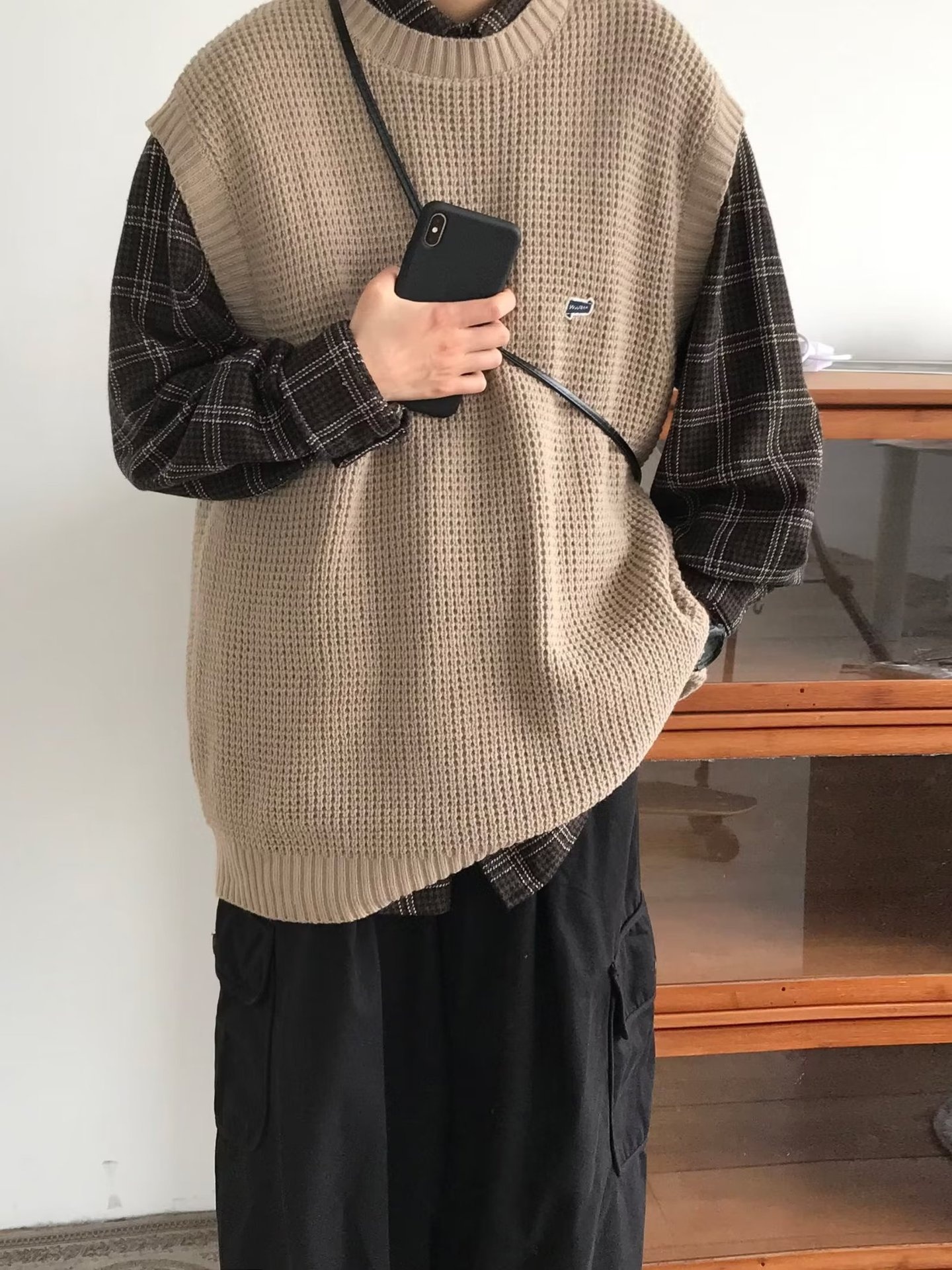 Maglione girocollo unisex in stile college, stile retrò giapponese, autunno inverno, senza maniche, in tinta unita, lavorato a maglia_voghion.com